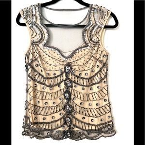 NWTs Boston Proper beaded top, Sz 2, Silver Gray, nude lining, missing few beads